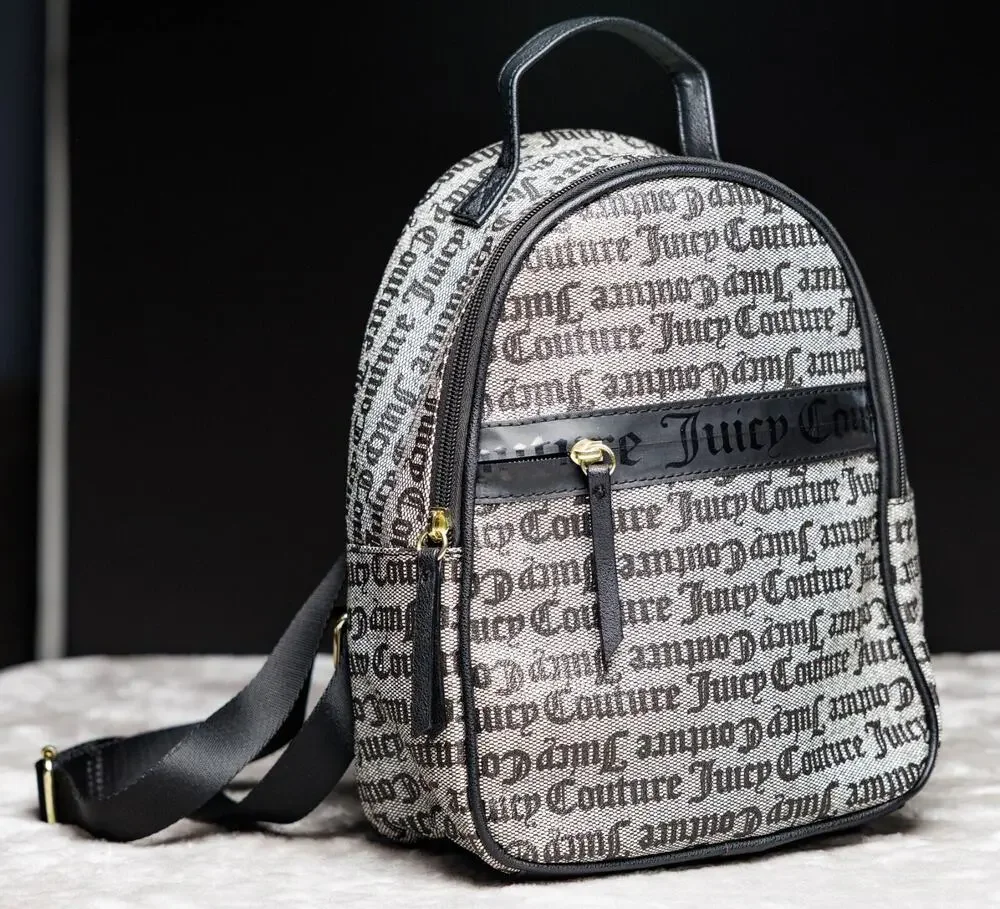 Juicy Couture Black Gray Logo Goth Our Zip Says it All Backpack Gold Hardware
